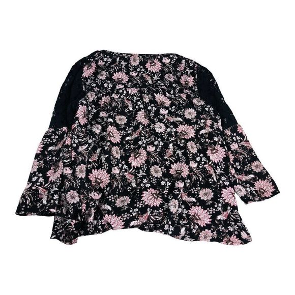 2167 Knox Rose Black Floral Lace Trim Tie Button Front Blouse Top Sz Large - Picture 8 of 10